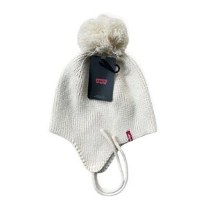 NWT Levi's Women's Pom-Pom Ear Flap with Under Chin Ties Beanie in Cream, O/S